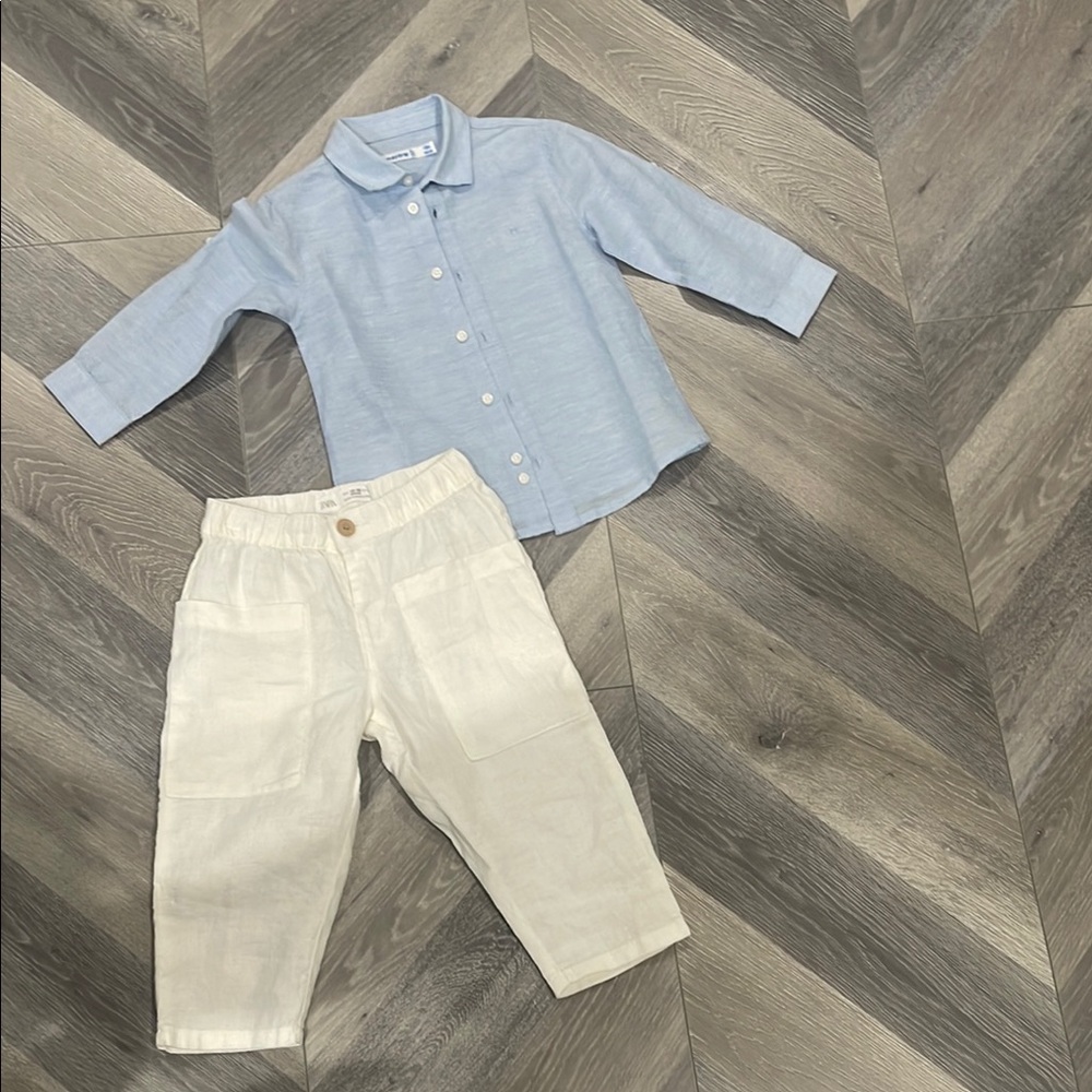 Zara Baby Blue Shirt and White Pants Set. NEWW